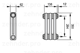 Схема (чертеж) Радиатор Zehnder Charleston 2035/3 №7610 Белый глянцевый RAL 9016